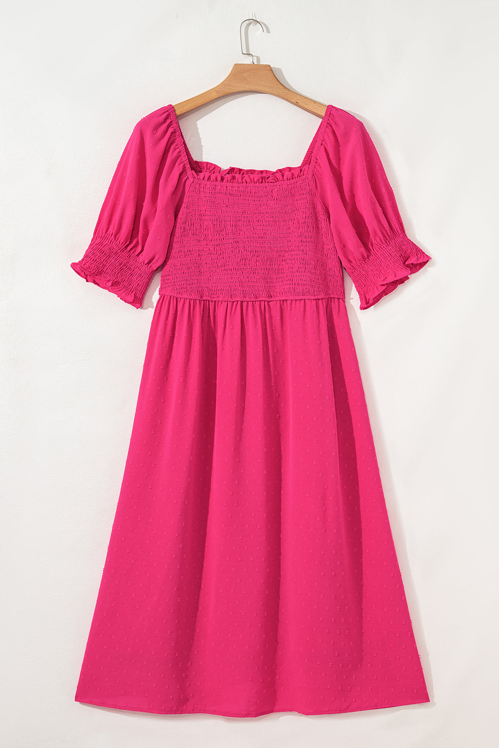 Sachet Pink Swiss Dot Smocked Frilled Neckline Short Sleeve Plus Size Dress-TOPS / DRESSES-[Adult]-[Female]-2022 Online Blue Zone Planet