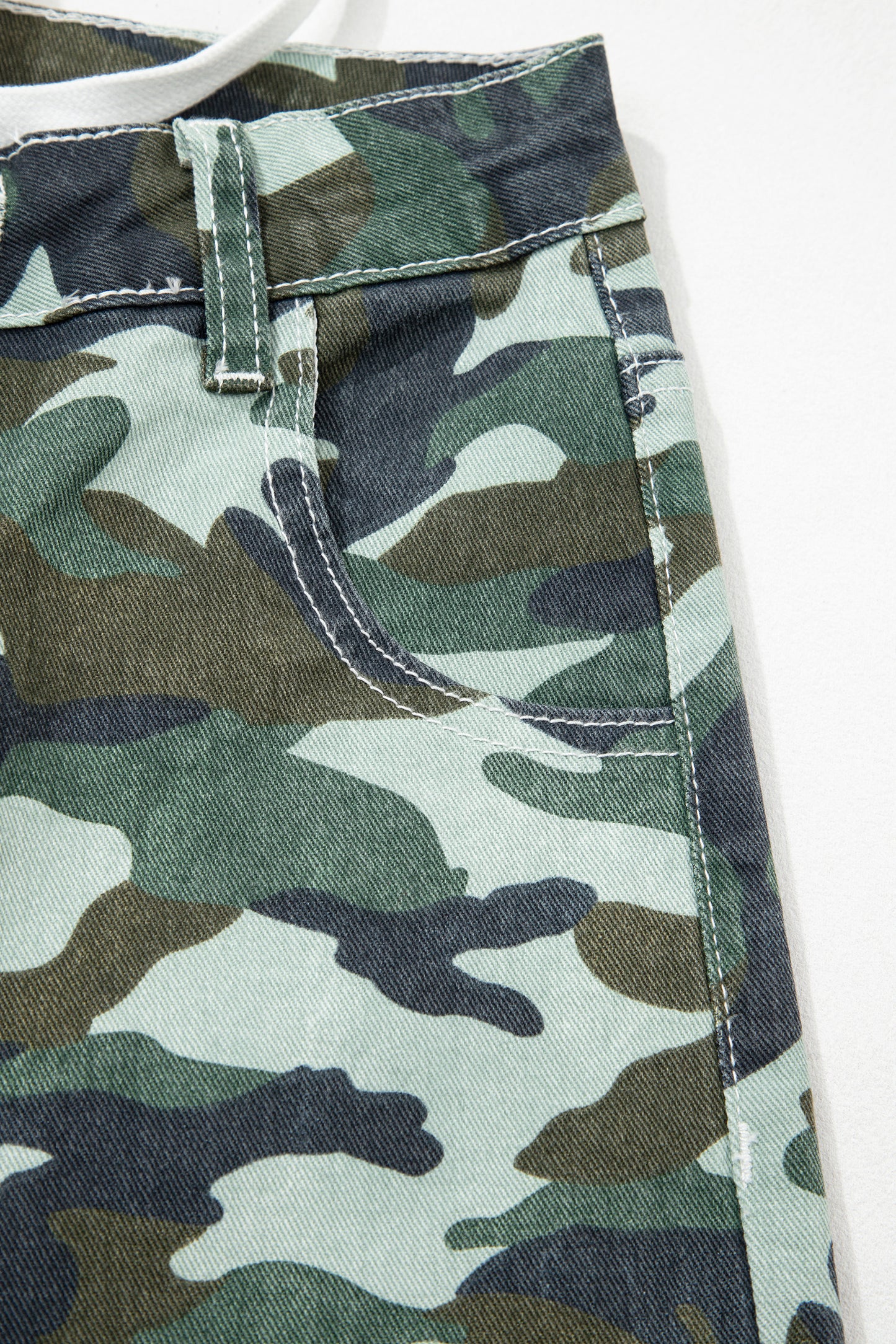 Green Camouflage Print Wide Leg Drawstring Denim Pants-Bottoms/Jeans-[Adult]-[Female]-2022 Online Blue Zone Planet