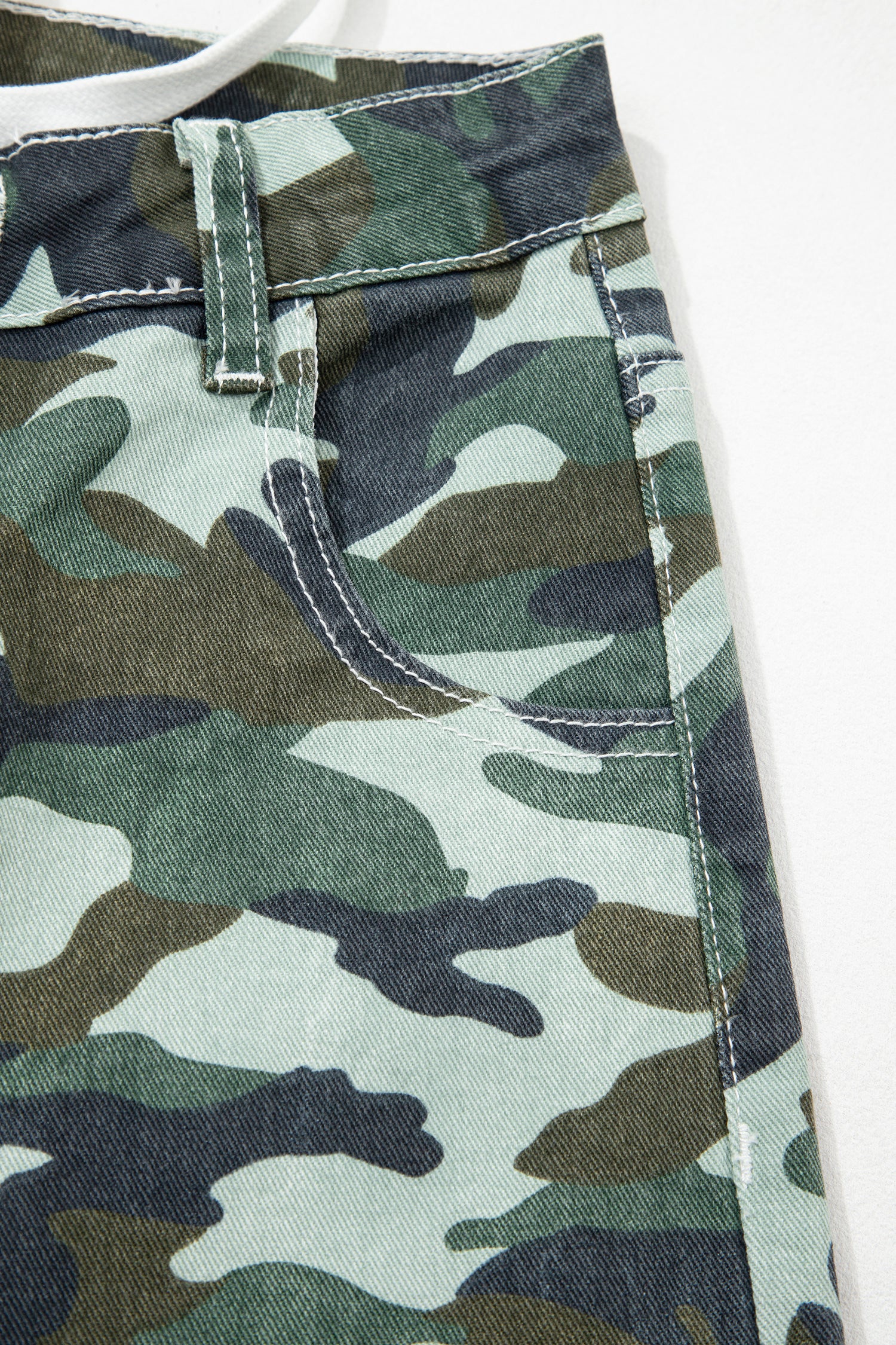 Green Camouflage Print Wide Leg Drawstring Denim Pants-Bottoms/Jeans-[Adult]-[Female]-2022 Online Blue Zone Planet