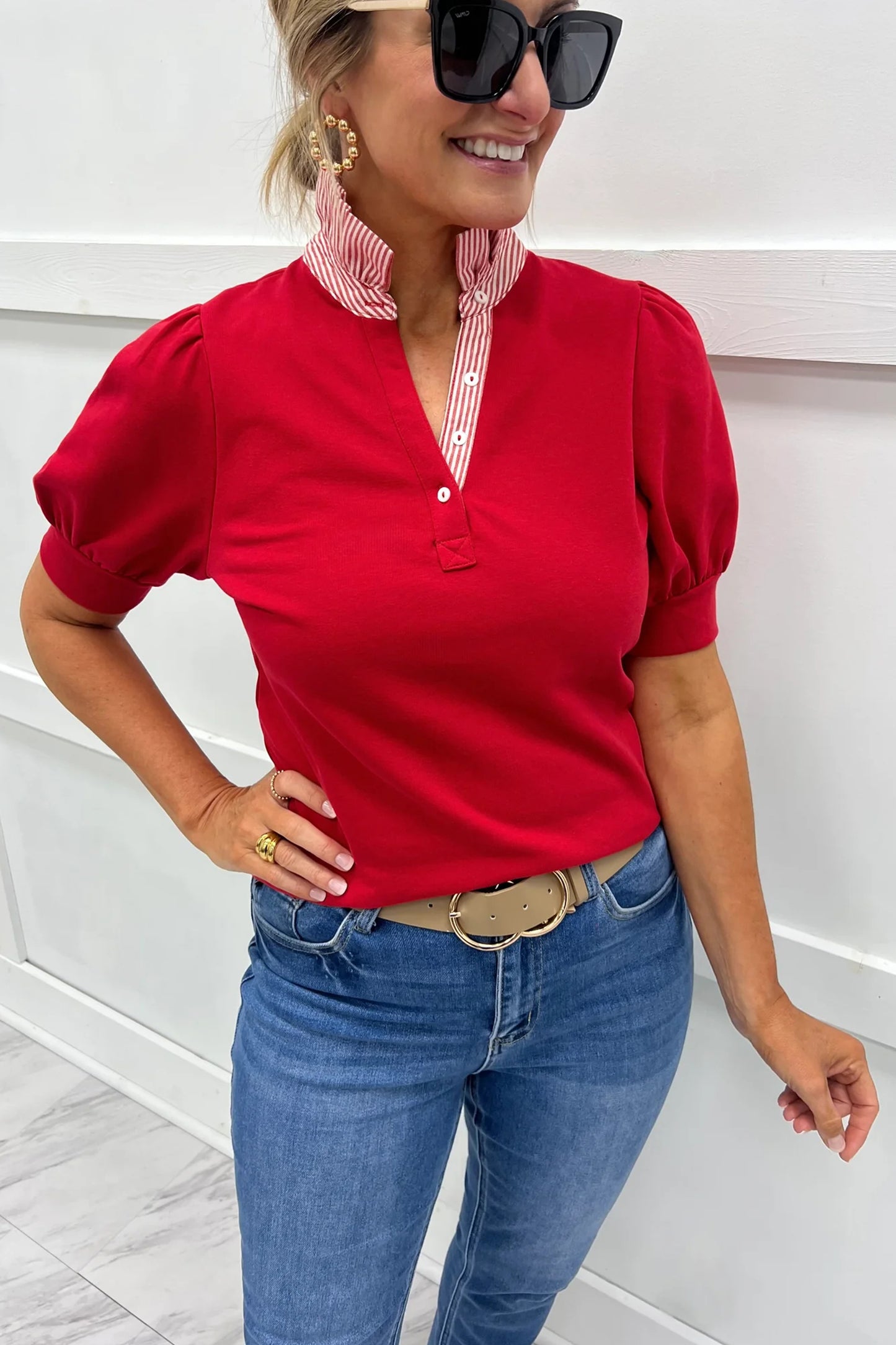 Sachet Pink Striped Frilled Collar Short Sleeve Blouse-Tops/Blouses & Shirts-[Adult]-[Female]-2022 Online Blue Zone Planet