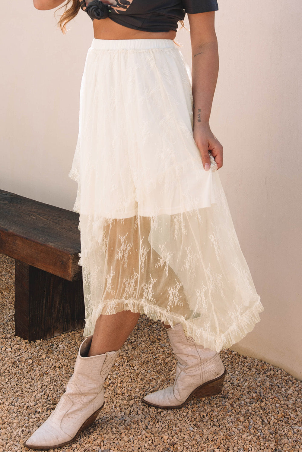 Beige Lace Cascading Tiered High Waist Maxi Skirt-Bottoms/Skirts & Petticoat-[Adult]-[Female]-2022 Online Blue Zone Planet