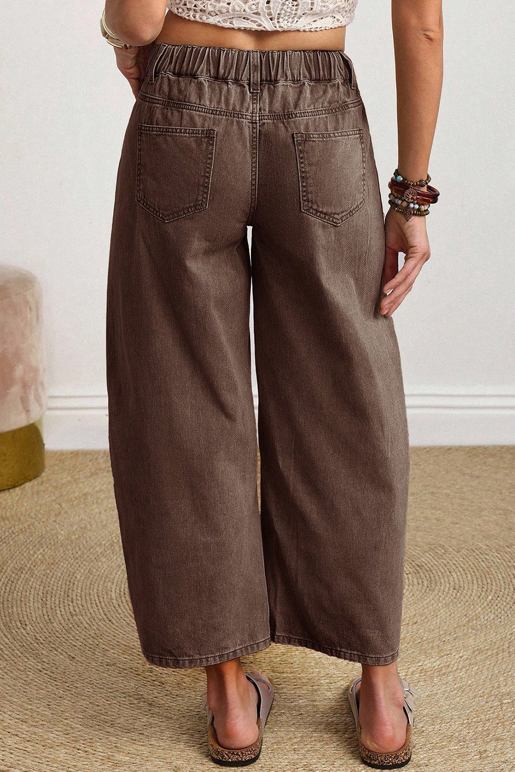Coffee Solid Color Square Patch Pocket Ankle-length Barrel Jeans-Bottoms/Jeans-[Adult]-[Female]-2022 Online Blue Zone Planet