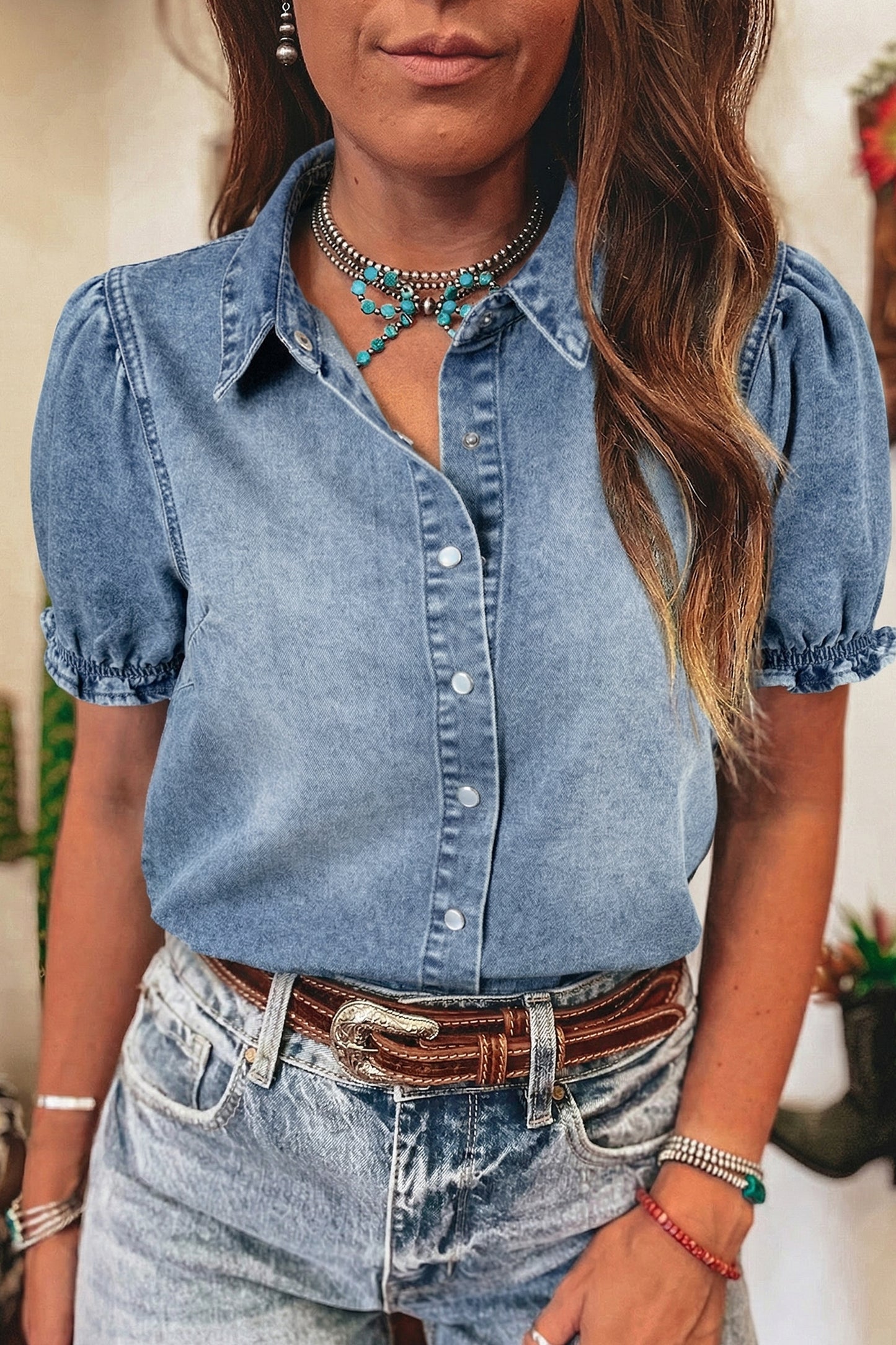 Beau Blue Frilled Short Sleeve Snap Button Denim Shirt-Tops/Blouses & Shirts-[Adult]-[Female]-2022 Online Blue Zone Planet