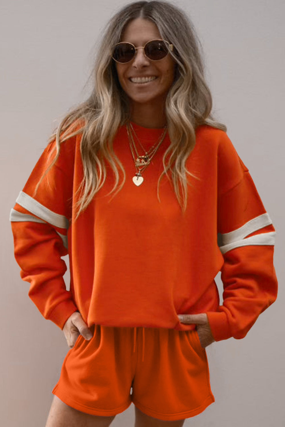 Orange Varsity Striped Sleeve Drop Shoulder Sweatshirt and Short Set-Two Piece Sets/Short Sets-[Adult]-[Female]-2022 Online Blue Zone Planet