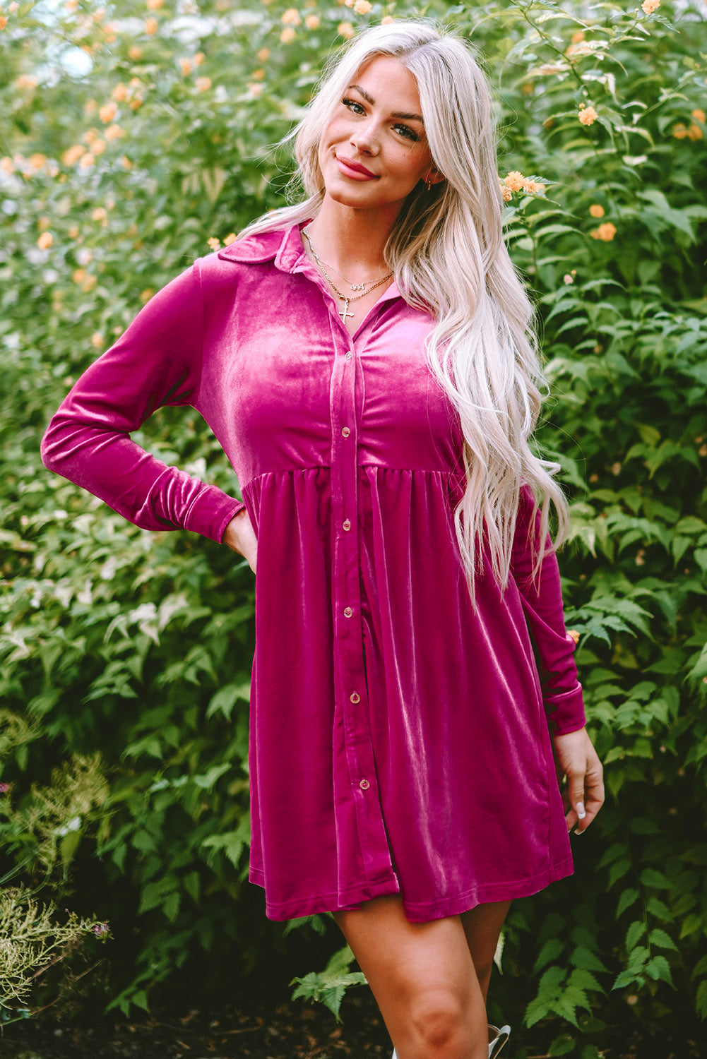 Rose Long Sleeve Ruffle Velvet Button Up Dress – Blue Zone Planet