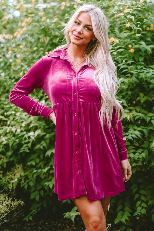 Rose Long Sleeve Ruffle Velvet Button Up Dress-Dresses/Mini Dresses-[Adult]-[Female]-Rose-S-2022 Online Blue Zone Planet