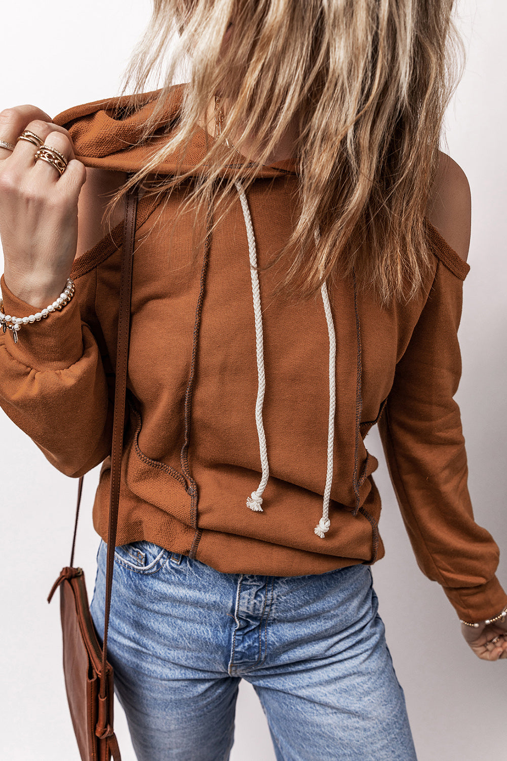 Black Exposed Seam Cold Shoulder Drawstring Hoodie-Tops/Sweatshirts & Hoodies-[Adult]-[Female]-2022 Online Blue Zone Planet