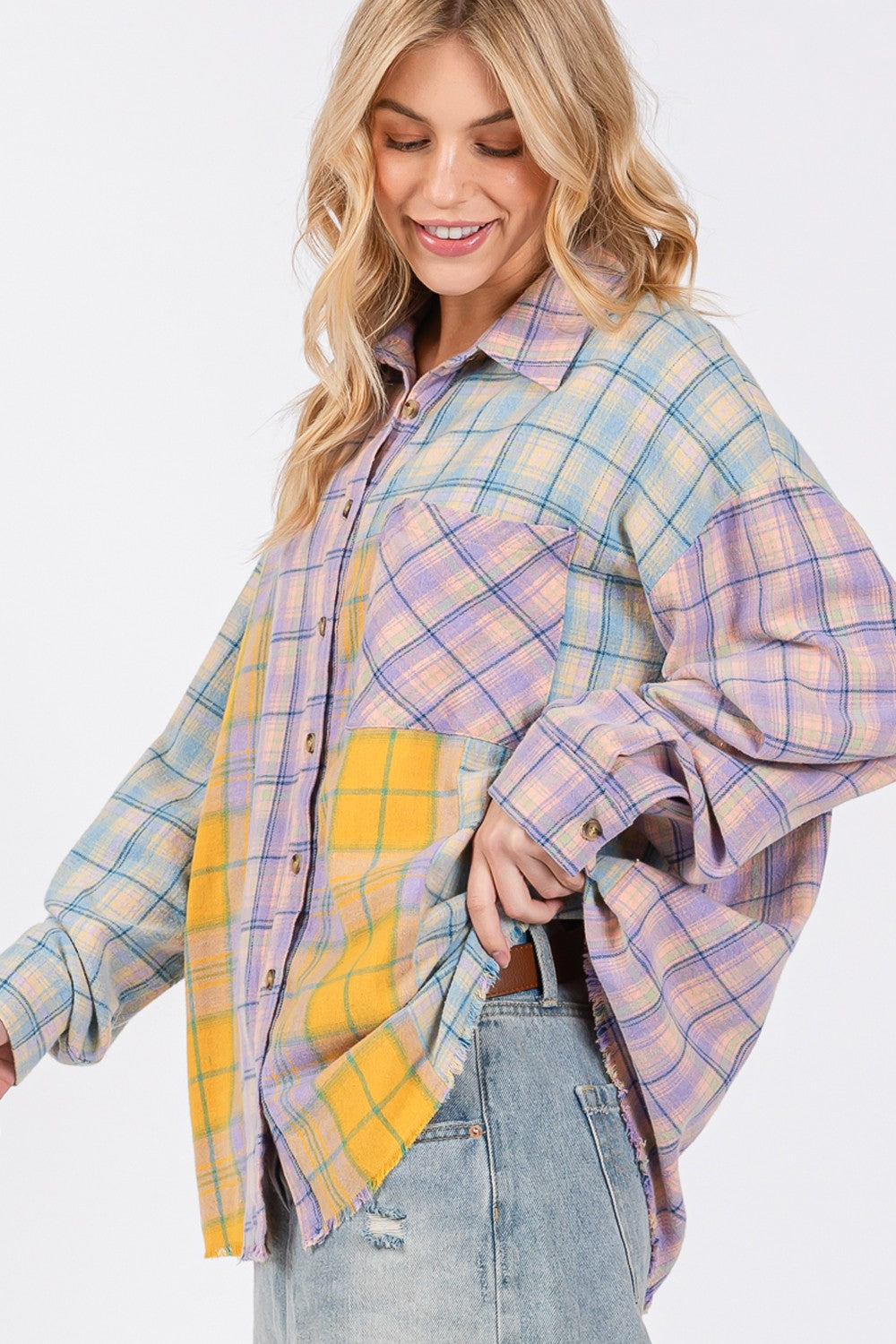 SAGE + FIG Button Up Raw Hem Plaid Flannel Shirt-TOPS / DRESSES-[Adult]-[Female]-2022 Online Blue Zone Planet