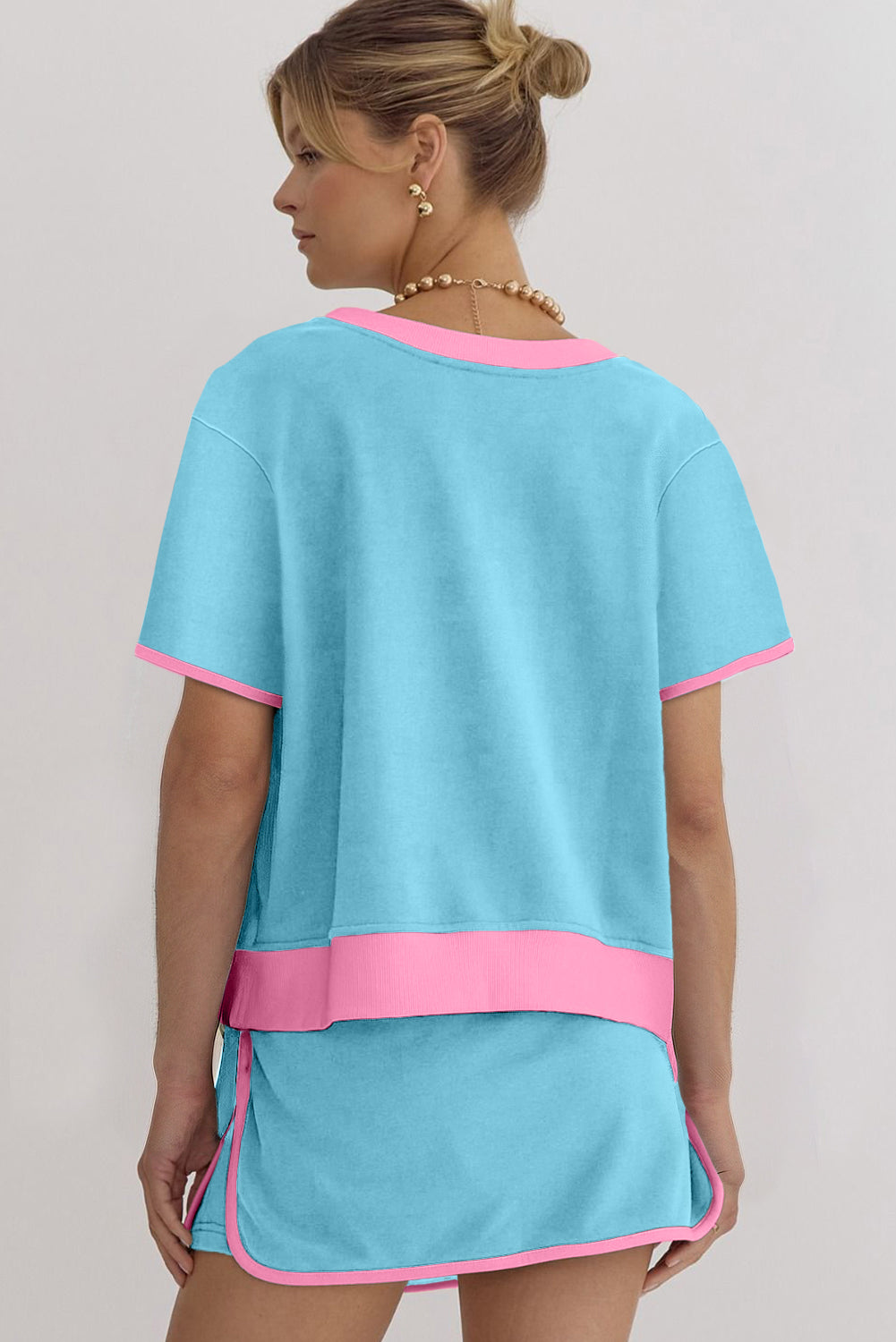 Turquoise Colorblock Edge Drop Shoulder T Shirt and Skirt 2Pcs Set-Two Piece Sets/Two Piece Dresses-[Adult]-[Female]-2022 Online Blue Zone Planet
