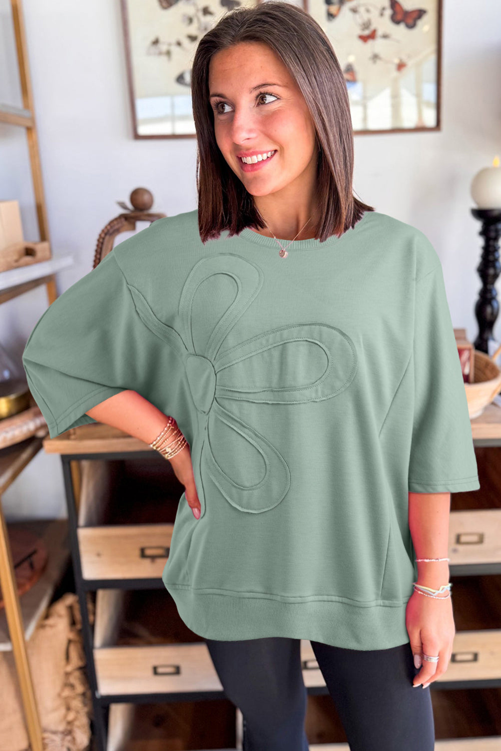 Clearly Aqua Floral Patched Half Sleeve Tunic Top-Tops/Tops & Tees-[Adult]-[Female]-2022 Online Blue Zone Planet