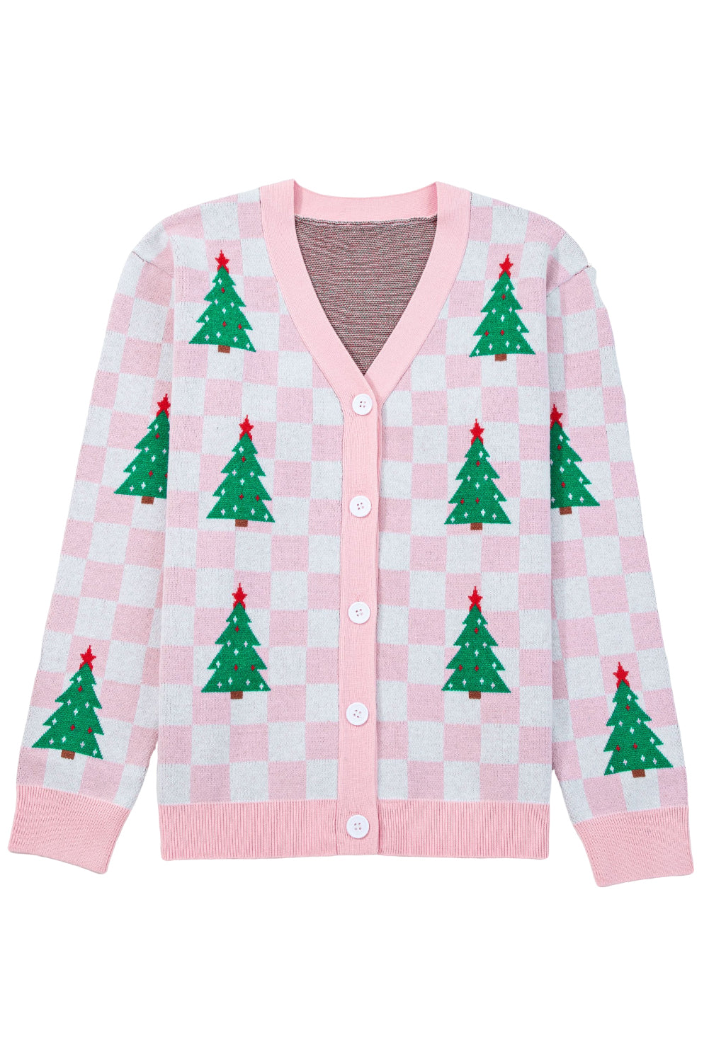 Pink Checkered Christmas Tree Pattern Button V Neck Cardigan Sweater-TOPS / DRESSES-[Adult]-[Female]-2022 Online Blue Zone Planet