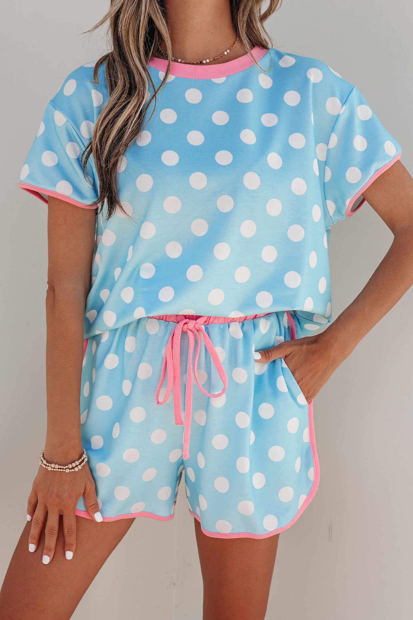 Pink Polka Dot Contrast Edge Casual Short Set-Two Piece Sets/Short Sets-[Adult]-[Female]-2022 Online Blue Zone Planet