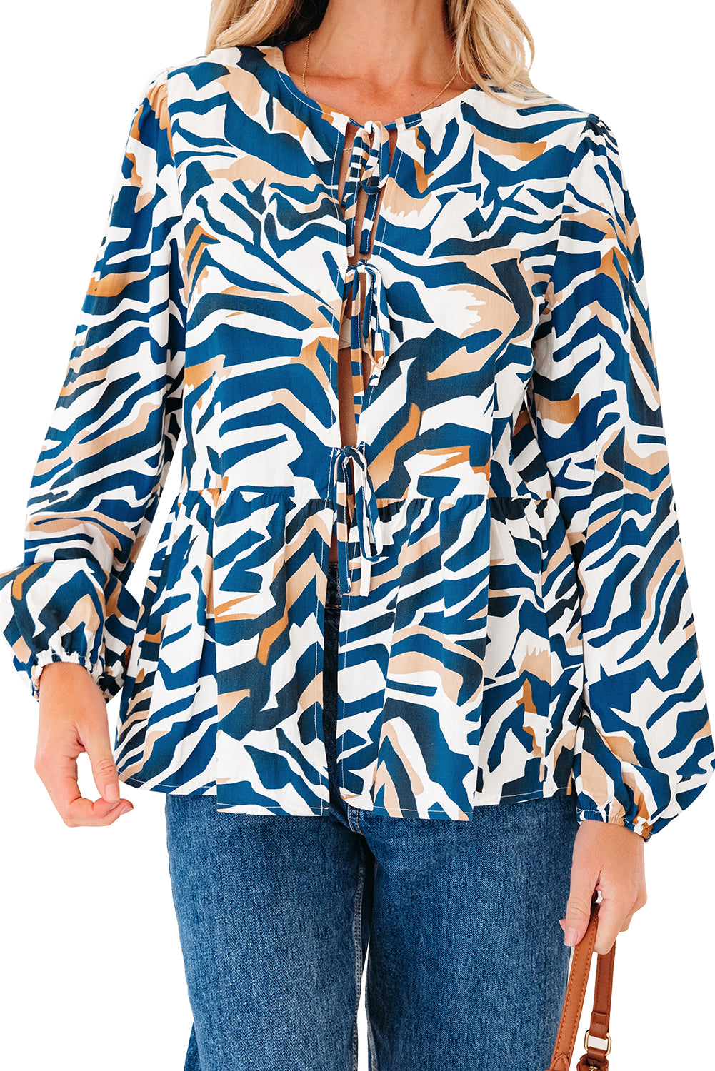 Blue Zebra Print Tied Front Puff Sleeve Top-Tops/Blouses & Shirts-[Adult]-[Female]-2022 Online Blue Zone Planet