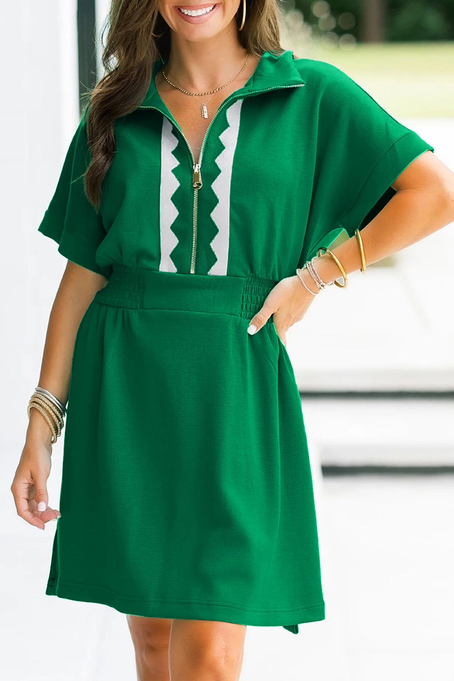 Bright Green Contrast Patchwork Half Zip Elastic Waist Short Sleeve Mini Dress-Dresses/Mini Dresses-[Adult]-[Female]-2022 Online Blue Zone Planet