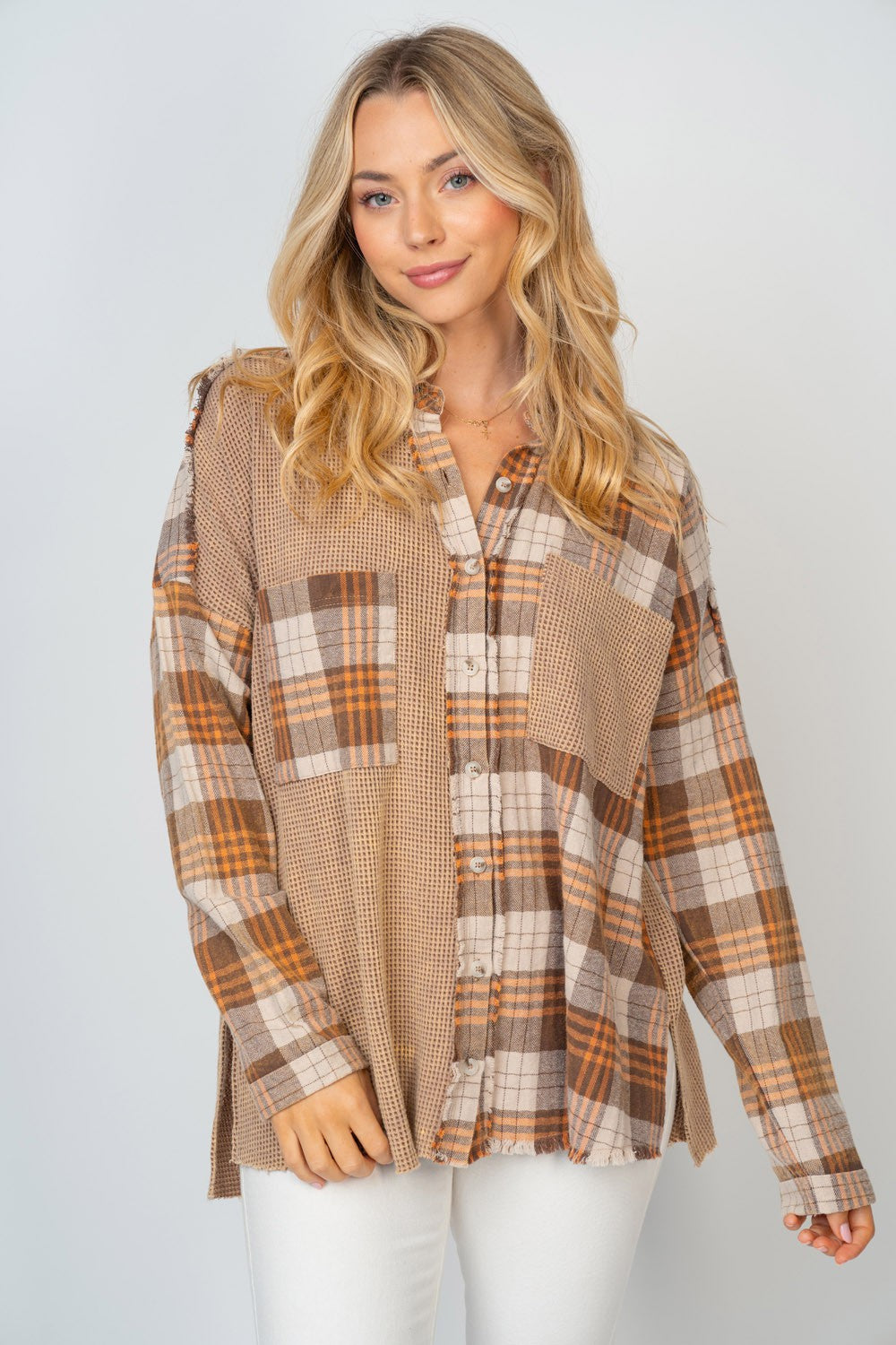 White Birch Full Size Contrast Plaid Button Down Shirt-TOPS / DRESSES-[Adult]-[Female]-2022 Online Blue Zone Planet