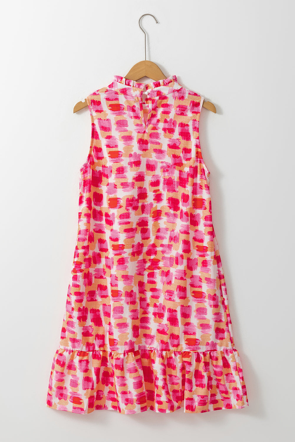 Pink Abstract Print Frilly Neck Sleeveless Mini Dress Blue Zone Planet