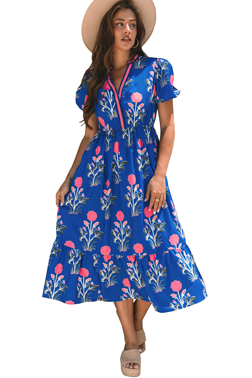 White Floral Puff Short Sleeve V Neck High Waist Maxi Dress-TOPS / DRESSES-[Adult]-[Female]-2022 Online Blue Zone Planet
