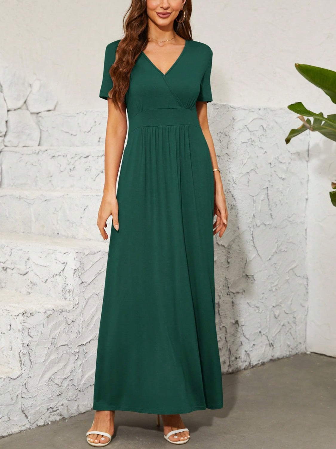 Surplice Short Sleeve Maxi Dress-TOPS / DRESSES-[Adult]-[Female]-Dark Green-S-2022 Online Blue Zone Planet