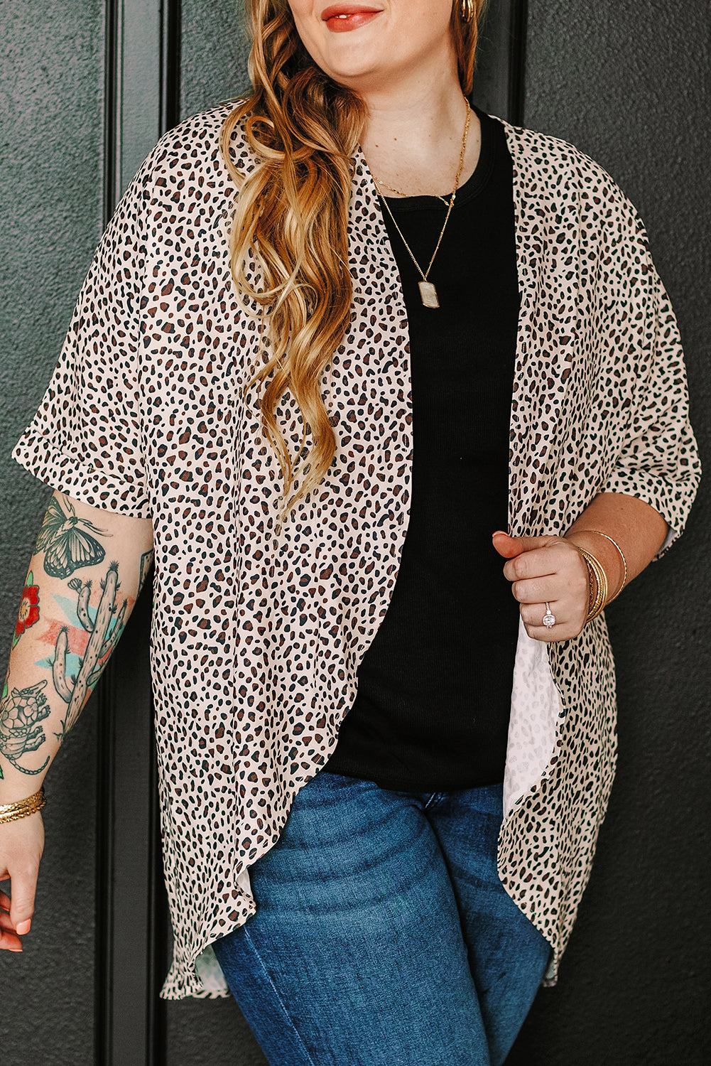Khaki Plus Size Leopard Print Half Sleeve Open Front Cardigan-Sale (50% OFF)/20% OFF-[Adult]-[Female]-2022 Online Blue Zone Planet