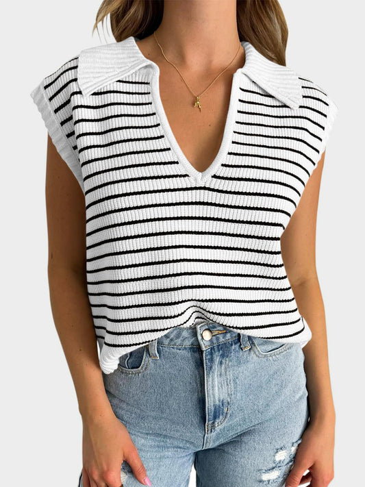 Blue Zone Planet | Mandy Collared Neck Striped Sweater Vest-TOPS / DRESSES-[Adult]-[Female]-White-S-2022 Online Blue Zone Planet