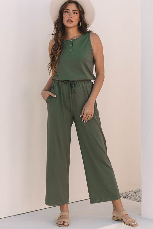 Vineyard Green Buttoned Drawstring Waist Sleeveless Wide Leg Jumpsuit-Bottoms/Jumpsuits & Rompers-[Adult]-[Female]-Vineyard Green-S-2022 Online Blue Zone Planet