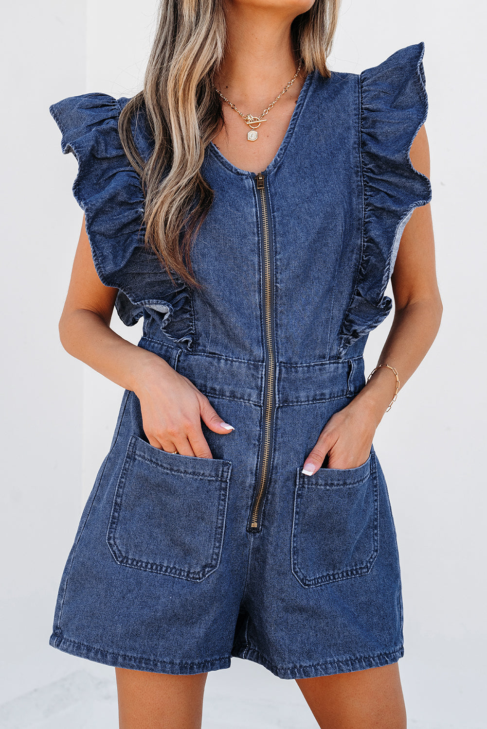 Blue Zone Planet | Sail Blue Denim Ruffled Zipped Front Belted Romper-Bottoms/Jumpsuits & Rompers-[Adult]-[Female]-2022 Online Blue Zone Planet