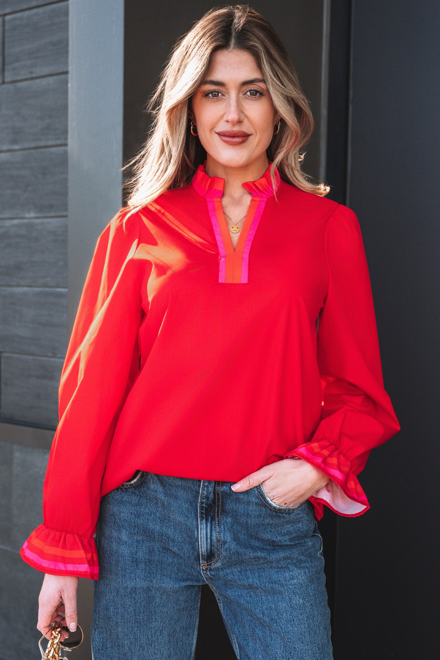 Black Striped Trim Ruffle Split Neck Long Sleeve Blouse-Tops/Blouses & Shirts-[Adult]-[Female]-2022 Online Blue Zone Planet