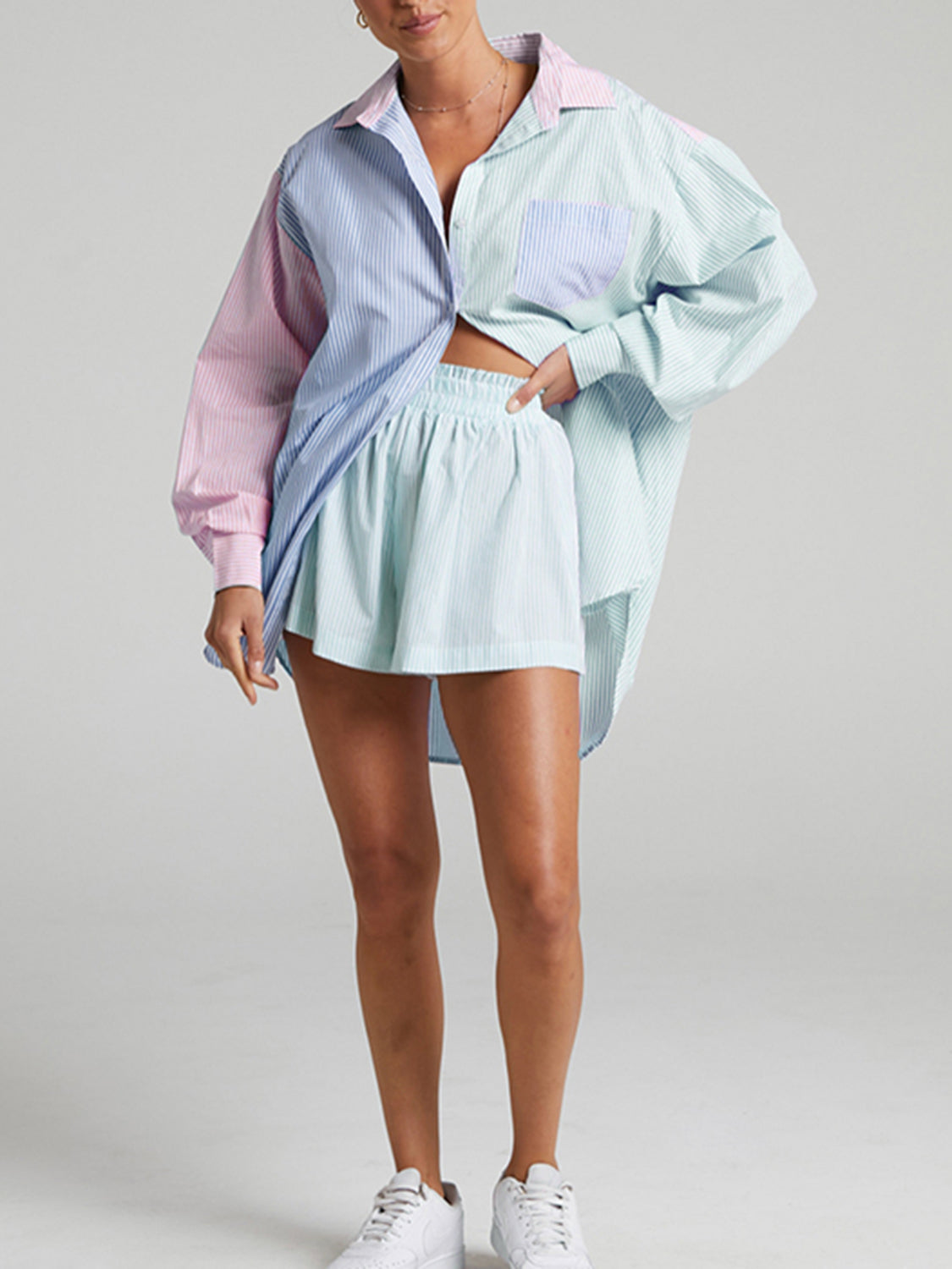 Striped Button Up Shirt and Shorts Set-TOPS / DRESSES-[Adult]-[Female]-Light Green-S-2022 Online Blue Zone Planet