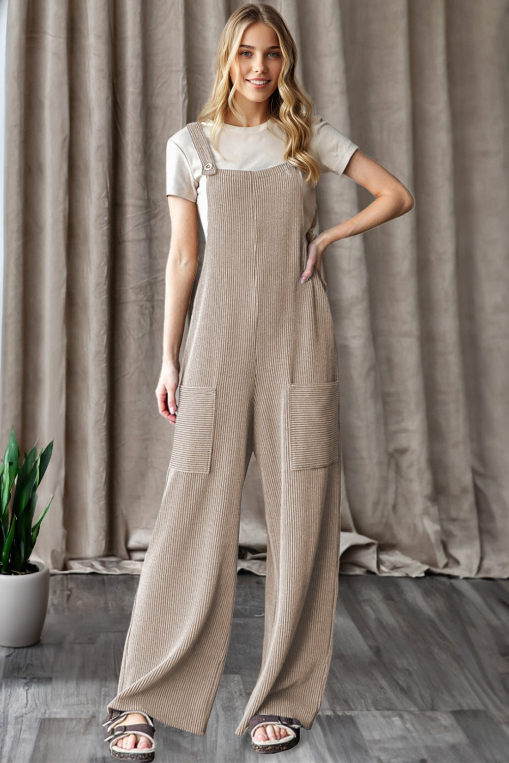 Parchment Ribbed Knit Patched Pocket Wide Leg Overalls-Bottoms/Jumpsuits & Rompers-[Adult]-[Female]-2022 Online Blue Zone Planet