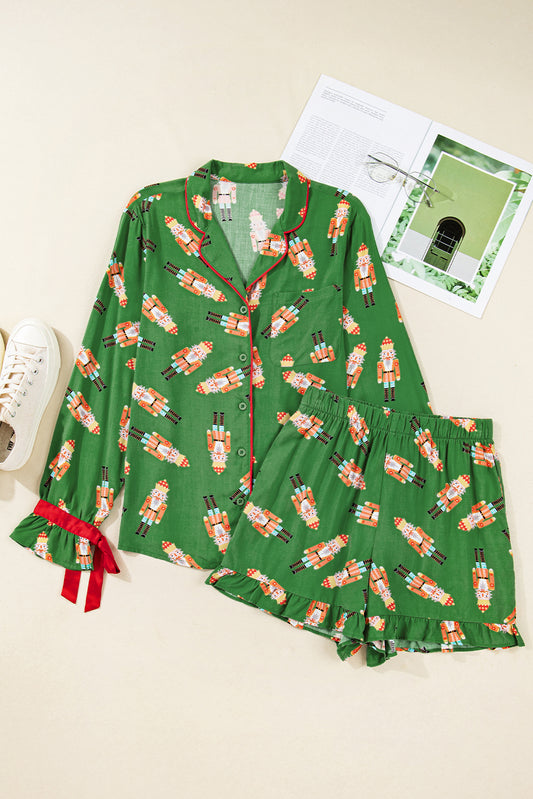 Green Christmas Candy Contrast Trim Bow Knot Silky 2pcs Pajama Set-Loungewear & Sleepwear/Sleepwear-[Adult]-[Female]-Green-S-2022 Online Blue Zone Planet