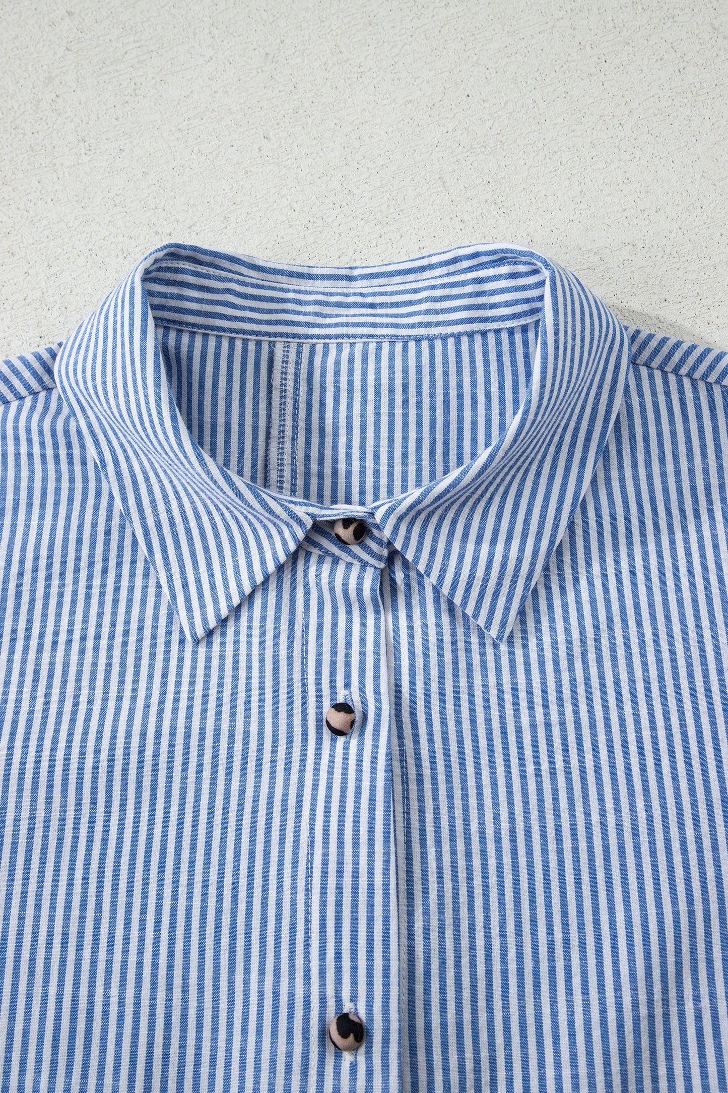 Sky Blue Stripe Contrast Frilled Leopard Trim Casual Long Sleeve Shirt-Tops/Blouses & Shirts-[Adult]-[Female]-2022 Online Blue Zone Planet