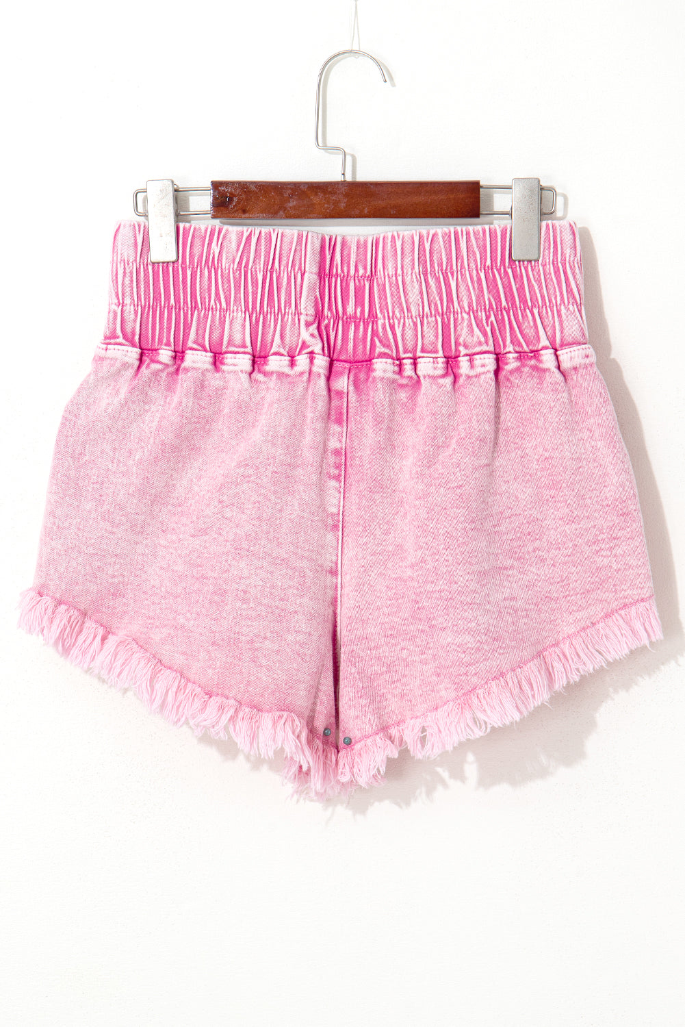 Pink Washed Wide Smocked Waistband Frayed Denim Shorts-Bottoms/Denim Shorts-[Adult]-[Female]-2022 Online Blue Zone Planet