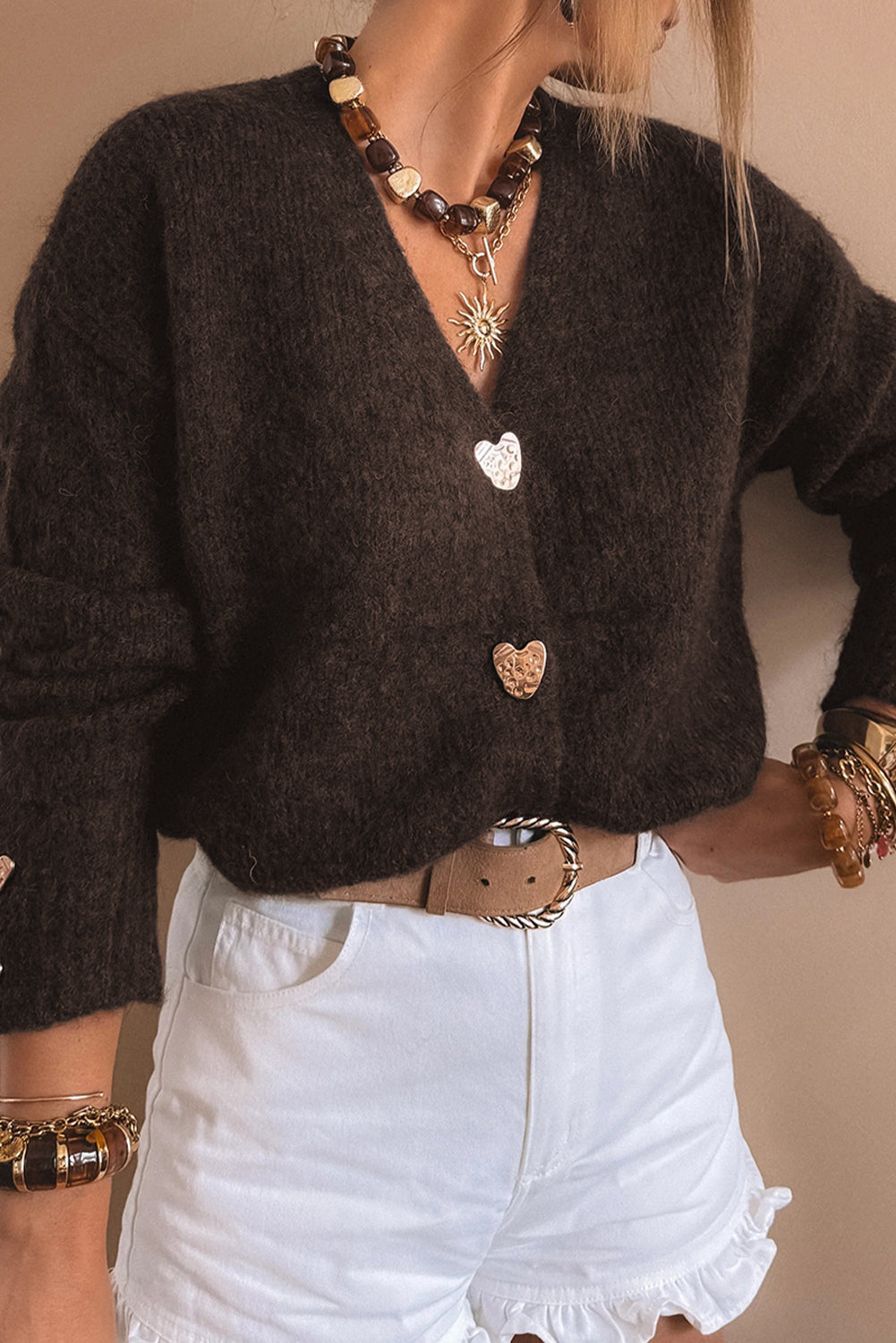 Chicory Coffee Heart Metal Button V Neck Cardigan Sweater-TOPS / DRESSES-[Adult]-[Female]-Chicory Coffee-S-2022 Online Blue Zone Planet