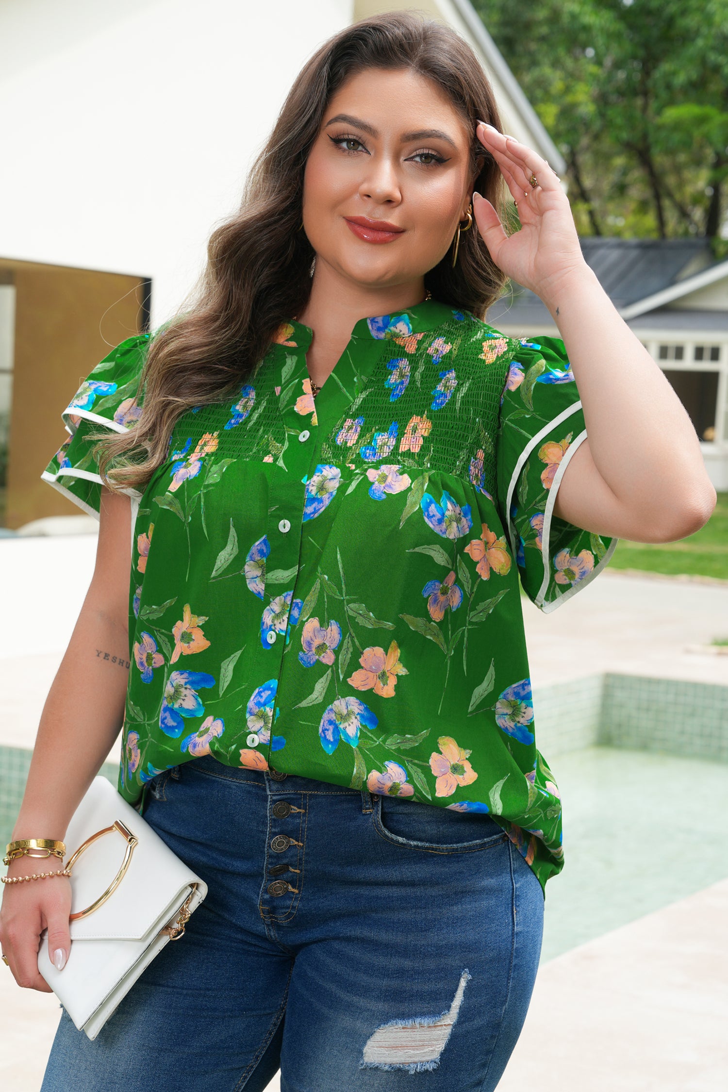 Green Plus Size Ruffled Short Sleeve Floral Top-Plus Size/Plus Size Tops/Plus Size Blouses & Shirts-[Adult]-[Female]-2022 Online Blue Zone Planet