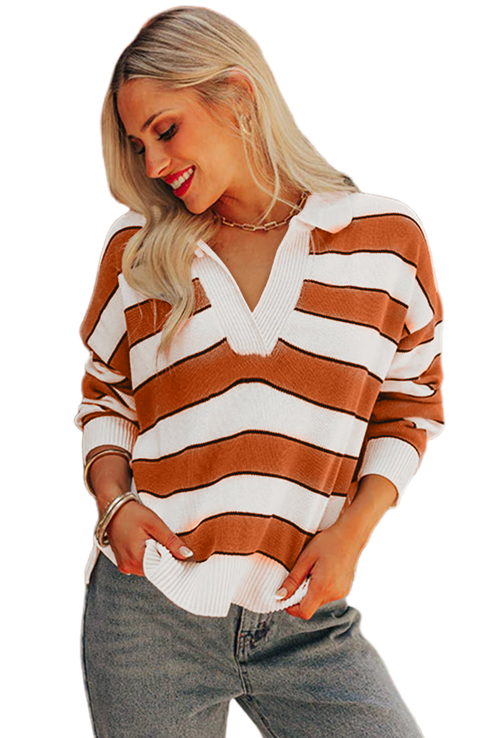 Brown Stripe Ribbed Polo Collar Drop Shoulder Sweater-Sweaters & Cardigans/Sweaters-[Adult]-[Female]-2022 Online Blue Zone Planet