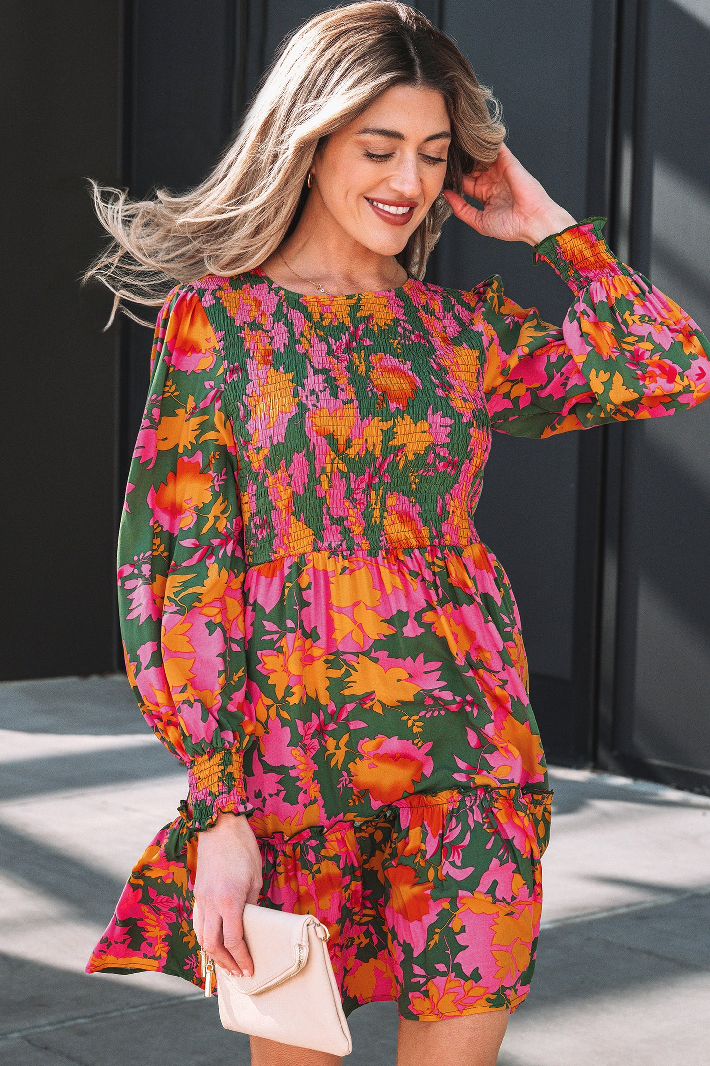 Multicolour Floral Print Long Sleeve Smocked Ruffled Mini Dress