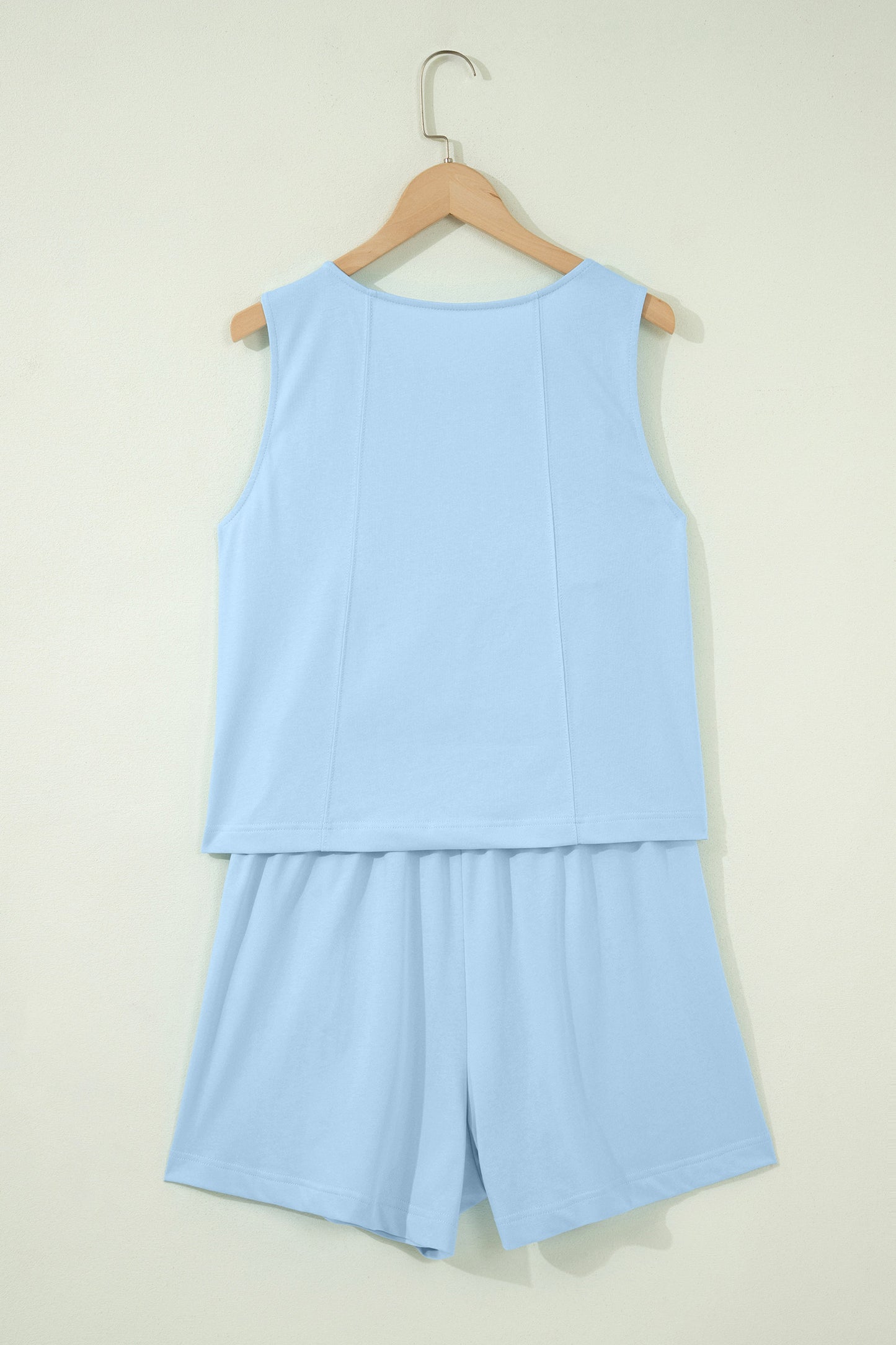 Mist Blue Stitched Detail Loose Tank Top 2pcs Short Set-Two Piece Sets/Short Sets-[Adult]-[Female]-2022 Online Blue Zone Planet