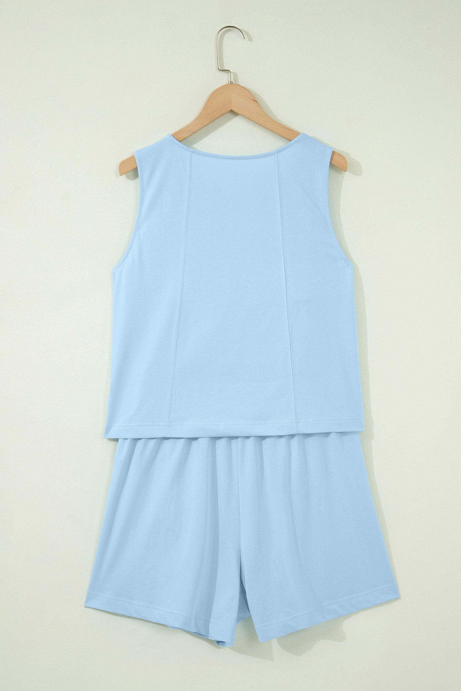 Mist Blue Stitched Detail Loose Tank Top 2pcs Short Set-Two Piece Sets/Short Sets-[Adult]-[Female]-2022 Online Blue Zone Planet