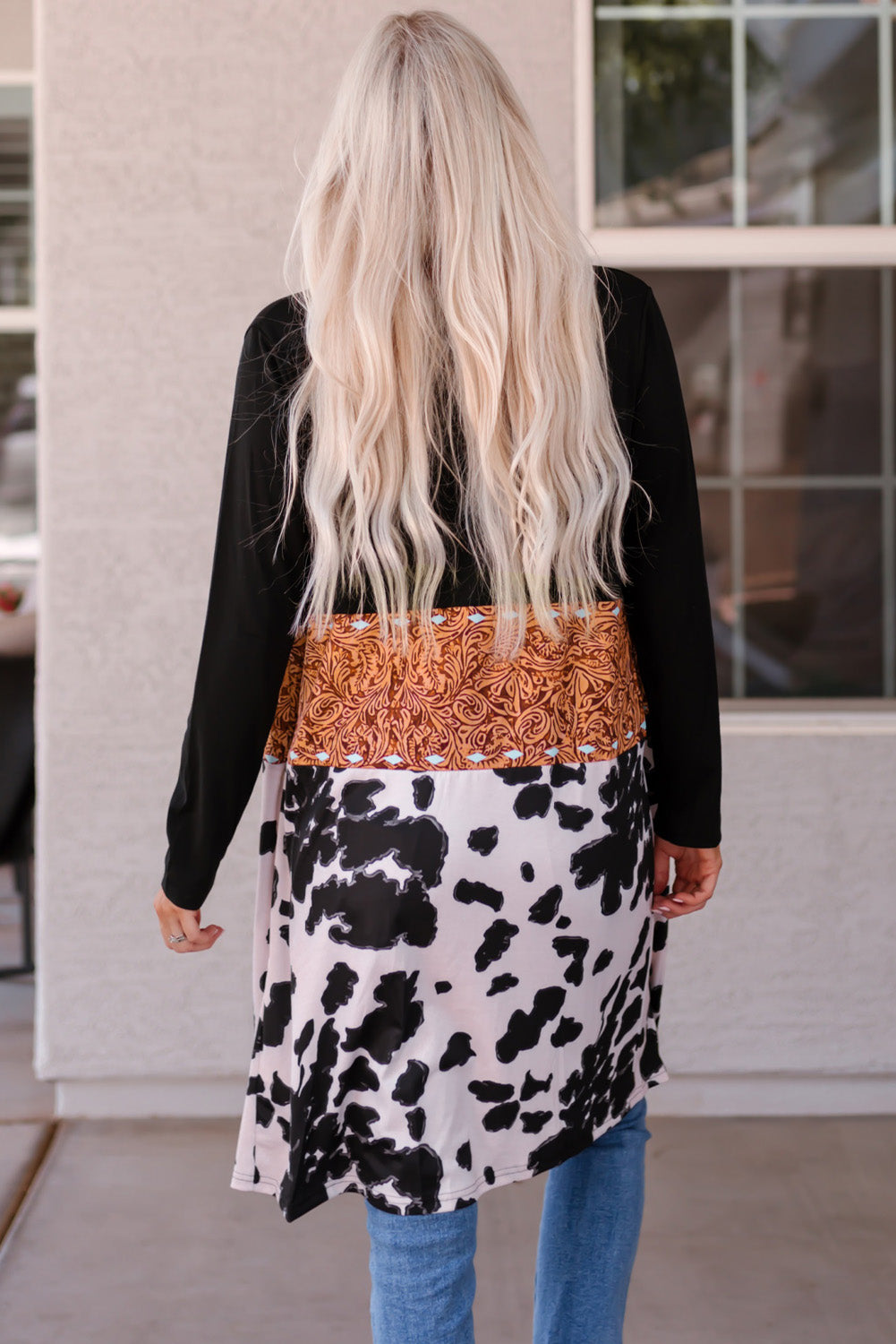 Black Western Pattern Cow Patchwork Open Front Cardigan-Sweaters & Cardigans/Cardigans-[Adult]-[Female]-2022 Online Blue Zone Planet