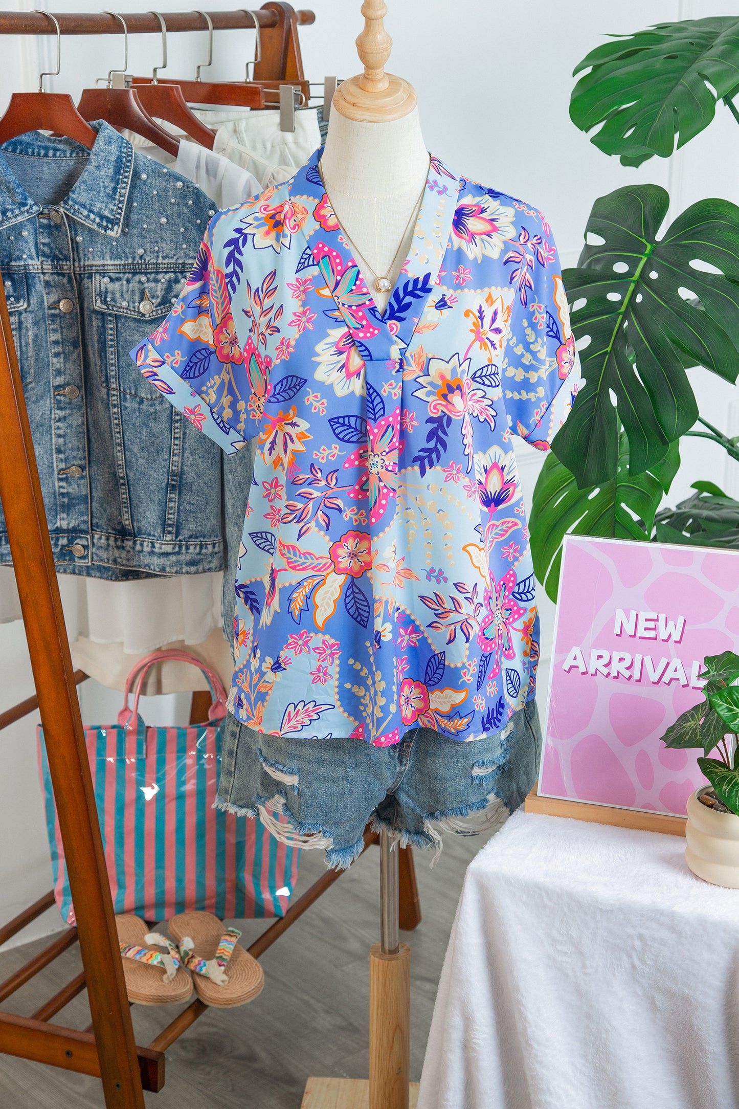 Purple Vacation Floral Print V Neck Short Sleeve Blouse-Tops/Blouses & Shirts-[Adult]-[Female]-2022 Online Blue Zone Planet