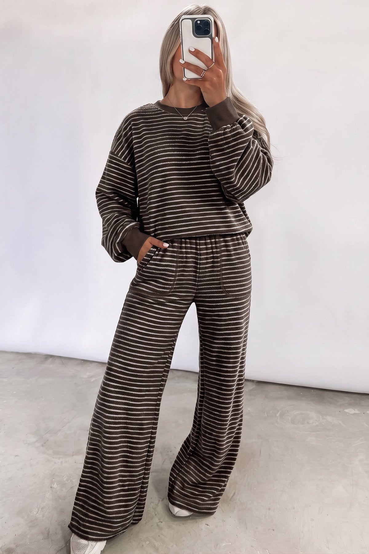 Black Stripe Cozy Terry Knit Long Sleeve Pullover Pocketed Shift Pants 2pcs Sets-Two Piece Sets/Pant Sets-[Adult]-[Female]-2022 Online Blue Zone Planet