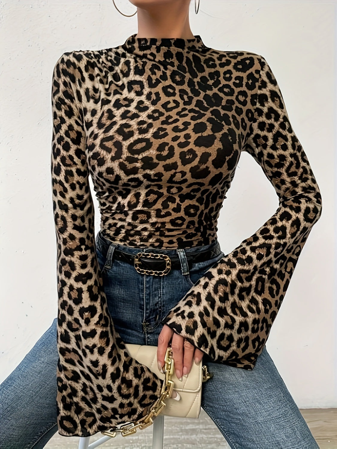 Leopard Mock Neck Flare Sleeve Top-TOPS / DRESSES-[Adult]-[Female]-Leopard-S-2022 Online Blue Zone Planet