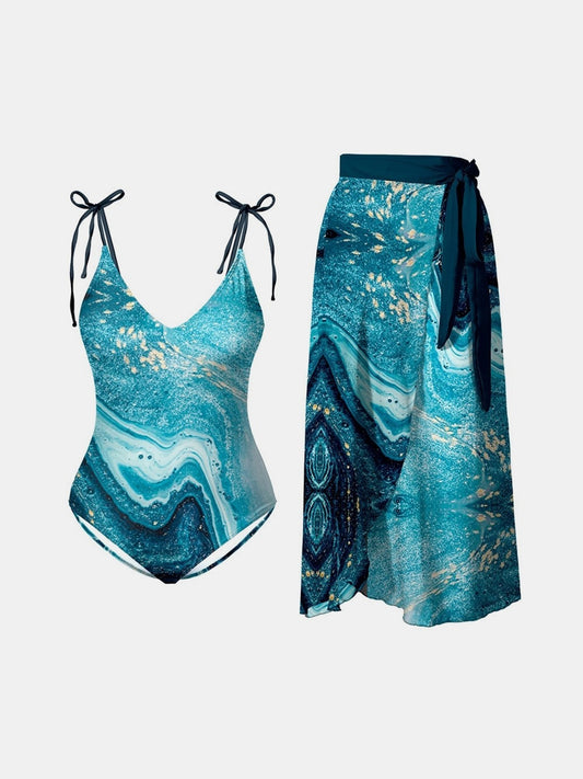 Printed Tie Shoulder Swimwear and Skirt Swim Set-TOPS / DRESSES-[Adult]-[Female]-Teal-S-2022 Online Blue Zone Planet