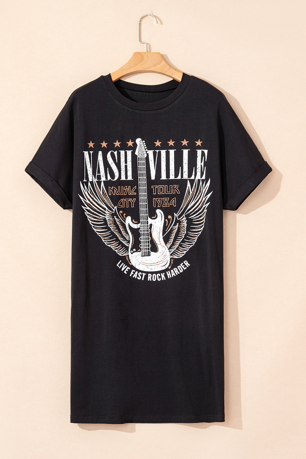 Black Nashville Guitar Print Crew Neck T Shirt Mini Dress-TOPS / DRESSES-[Adult]-[Female]-2022 Online Blue Zone Planet