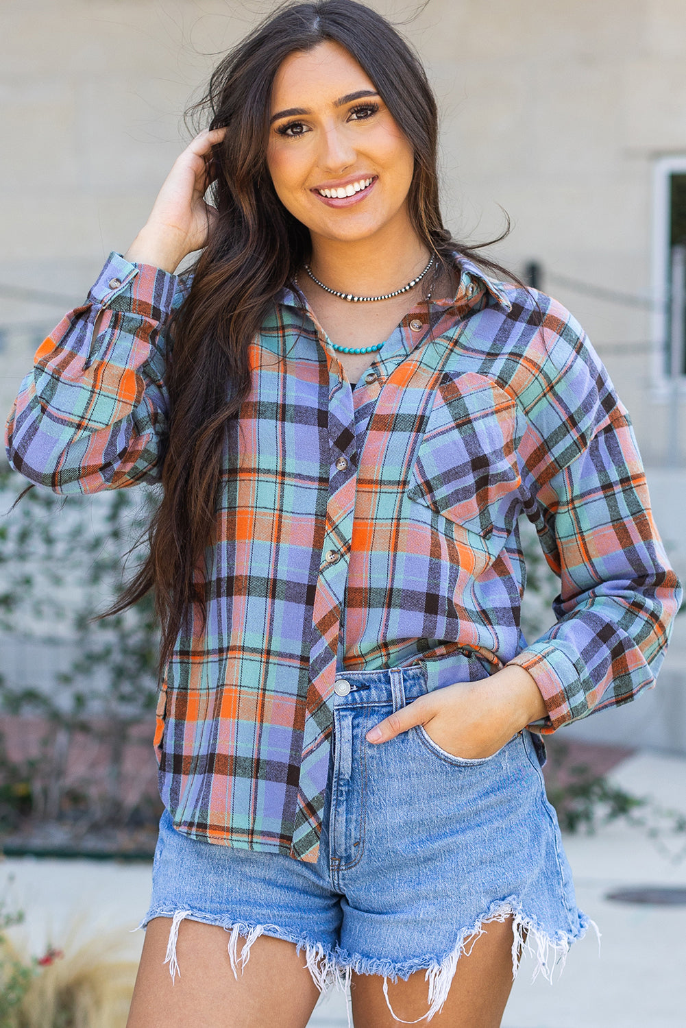 Red Plaid Print Loose Vintage Shirt-Tops/Blouses & Shirts-[Adult]-[Female]-Orange-S-2022 Online Blue Zone Planet