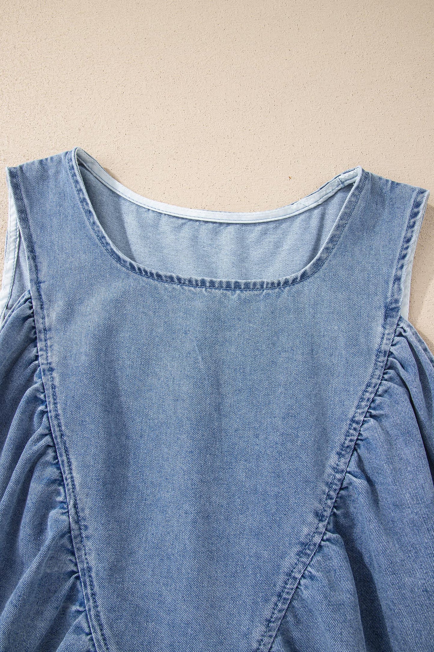 Myosotis Denim Pleated Patchwork Sleeveless Top-Tops/Tank Tops-[Adult]-[Female]-2022 Online Blue Zone Planet