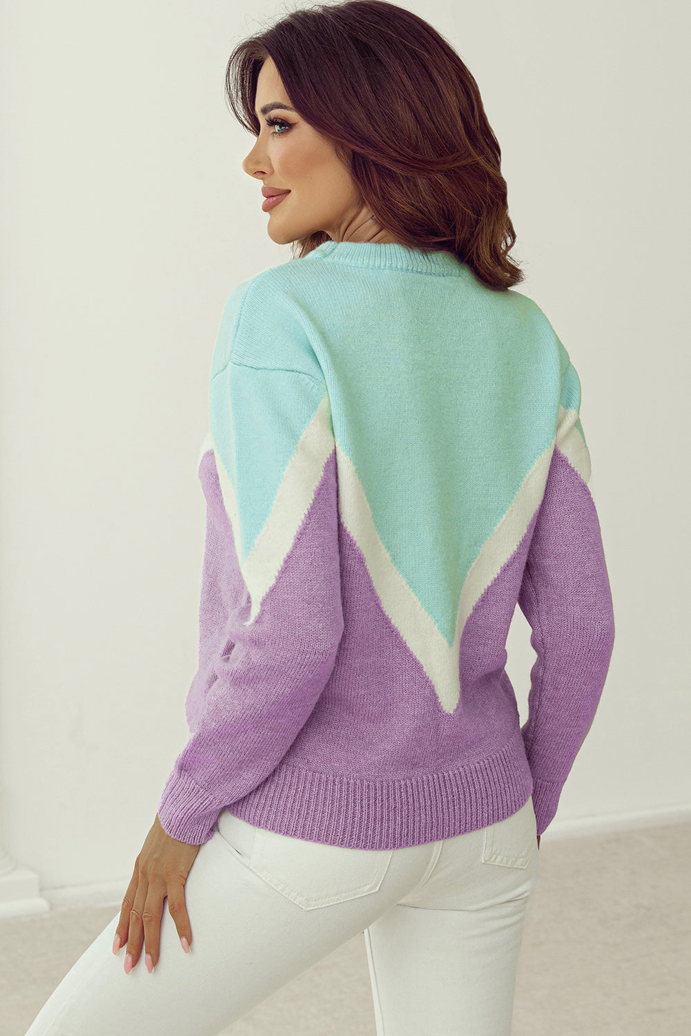 Green Chevron Colorblock Ribbed Knit Drop Shoulder Sweater-Sweaters & Cardigans/Sweaters-[Adult]-[Female]-2022 Online Blue Zone Planet