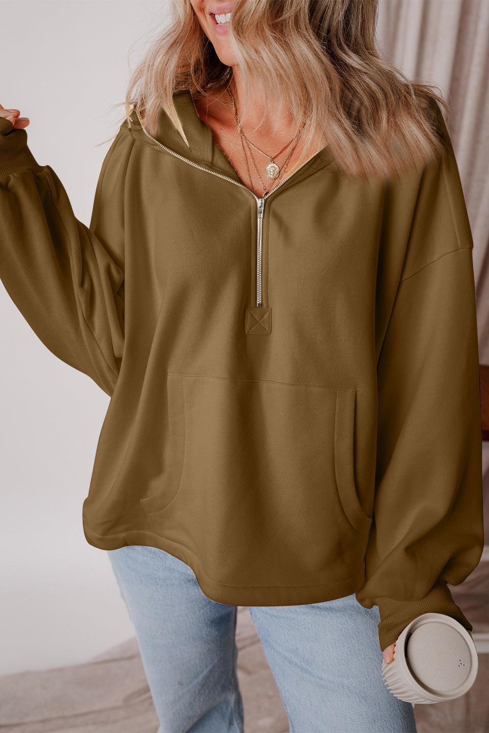 Pocketed Half Zip Dropped Shoulder Hoodie-HOODIES-[Adult]-[Female]-Coffee Brown-S-2022 Online Blue Zone Planet