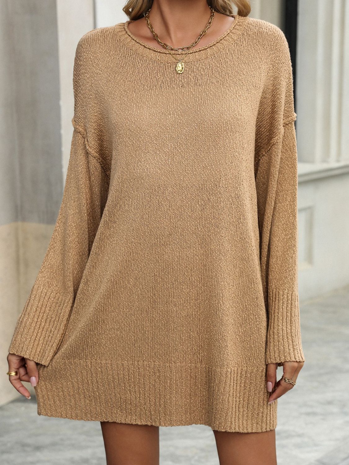 Round Neck Dropped Shoulder Sweater-TOPS / DRESSES-[Adult]-[Female]-Camel-S-2022 Online Blue Zone Planet