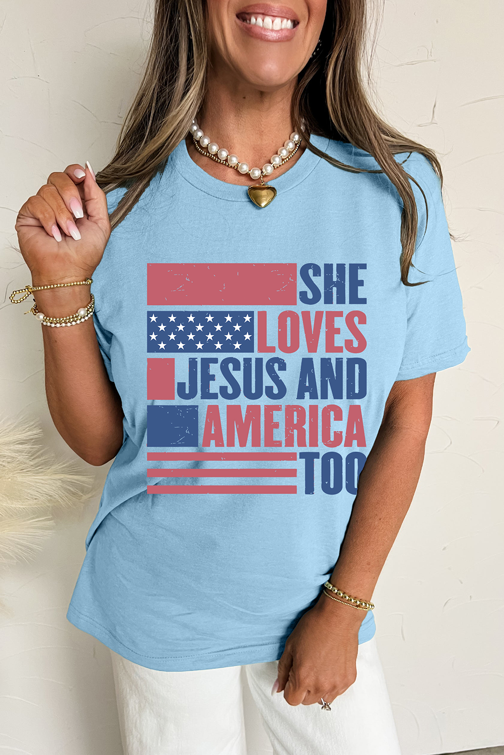 Light Blue SHE LOVES JESUS AND AMERICA TOO Flag Graphic T Shirt-Graphic/Graphic Tees-[Adult]-[Female]-2022 Online Blue Zone Planet